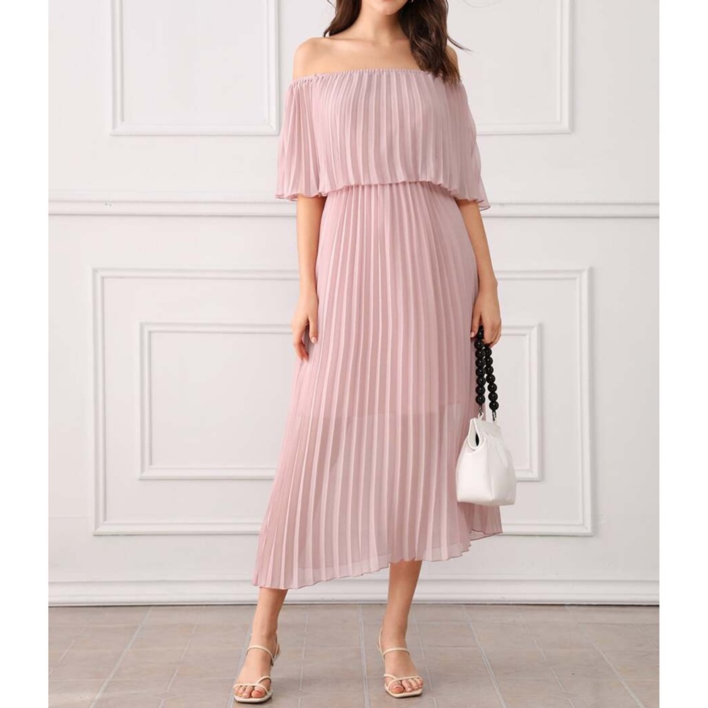 Dusty Pink Off Shoulder Ruffle Pleated Maxi Dress - Picture 3 of 12